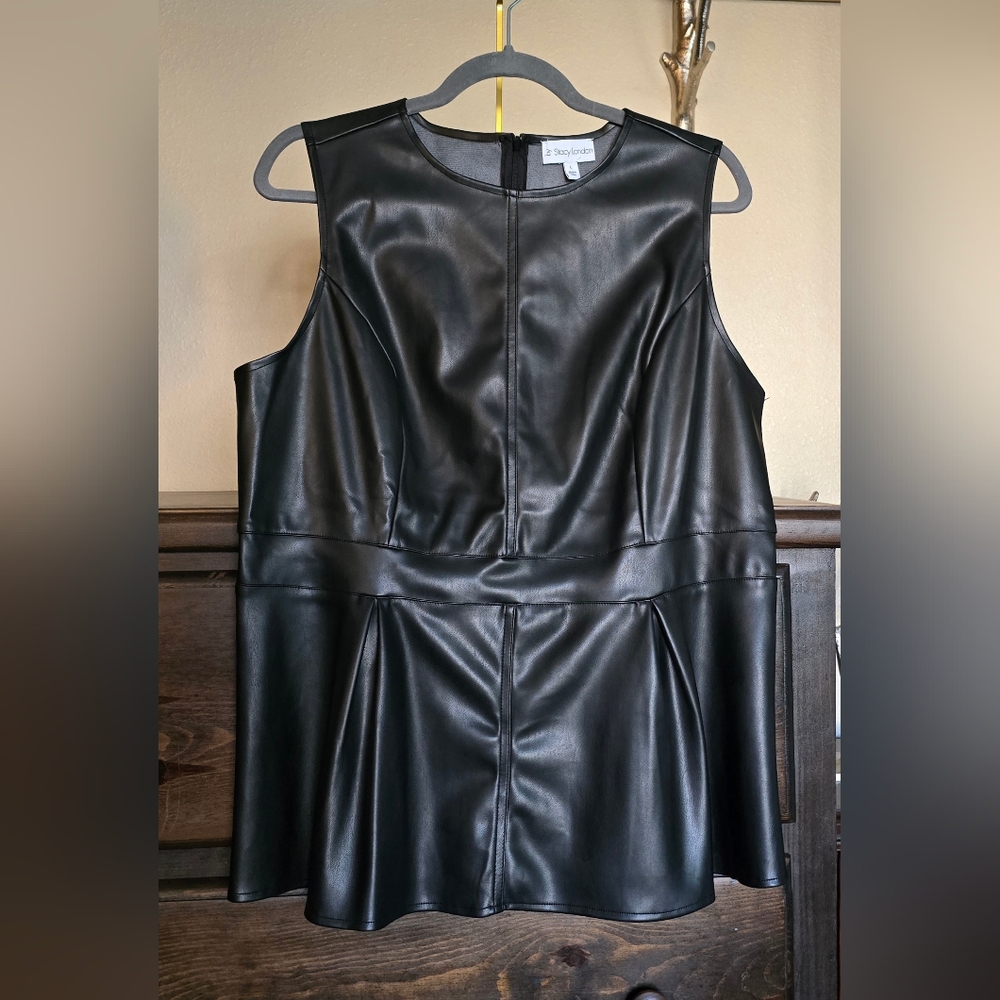 Stacy London Faux Leather Peplum Top Black Large
